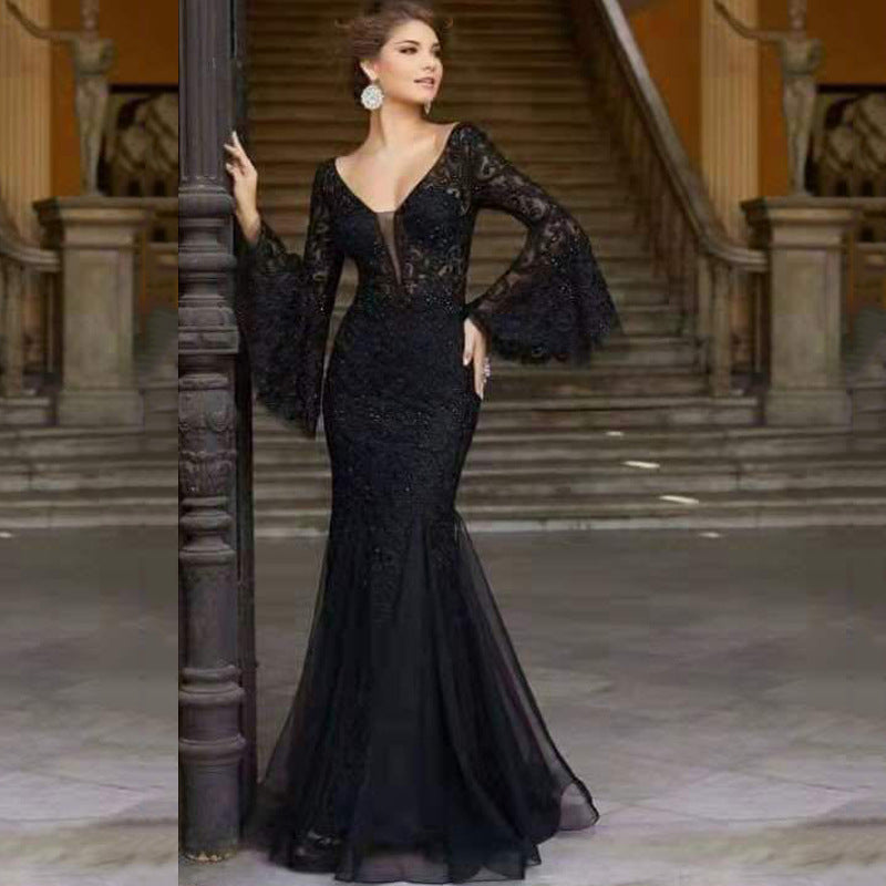 Spring and Summer Evening Gown - Elegant, Sexy, Form-fitting Fish-Tail Long Evening Dress with Long Skirt