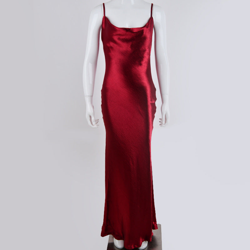Elegant satin long dress, strapless backless sexy evening gown