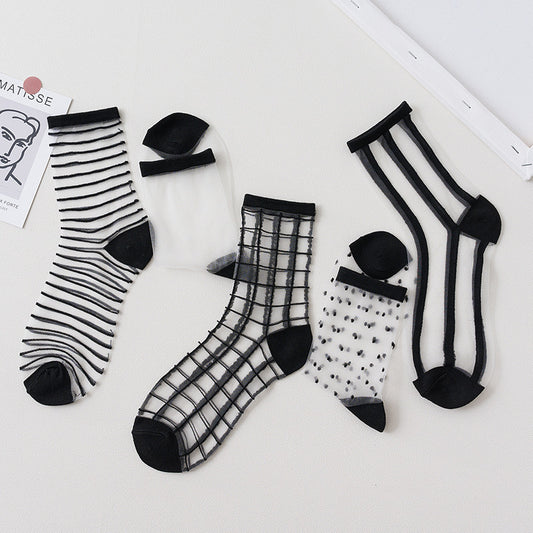 Summer Glass Socks Women's Breathable Mid-Calf Stockings Japanese Style Silk Crystal Stockings Summer Lightweight