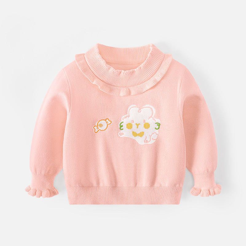 Cute little rabbit sweater for girls with cartoon-style embroidery and fringed edges. Round-neck pullover. New style. Stylish children's base layer sweater.