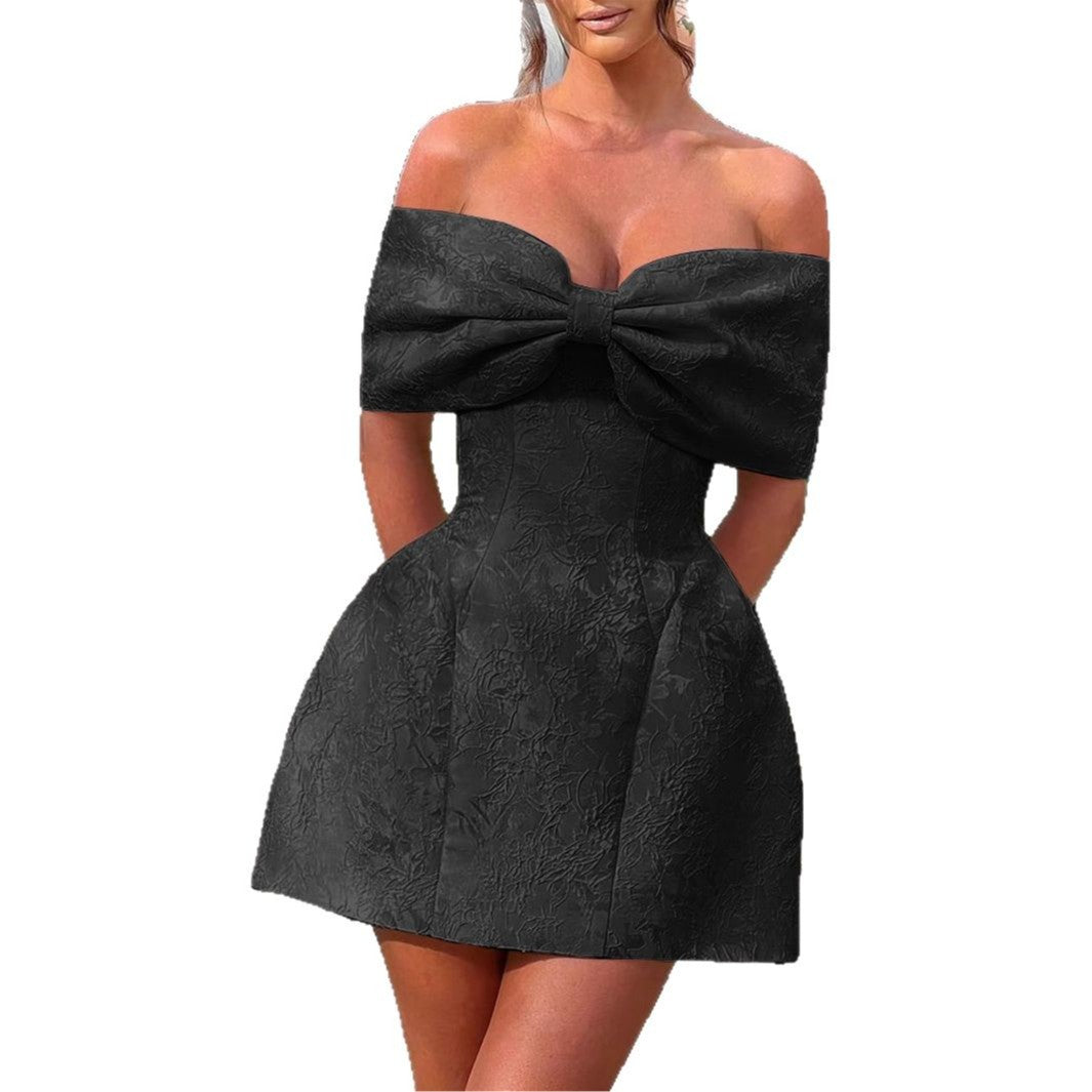 Party evening dress with a bow-shaped ruffled top and a full skirt, suitable for spring and summer seasons.