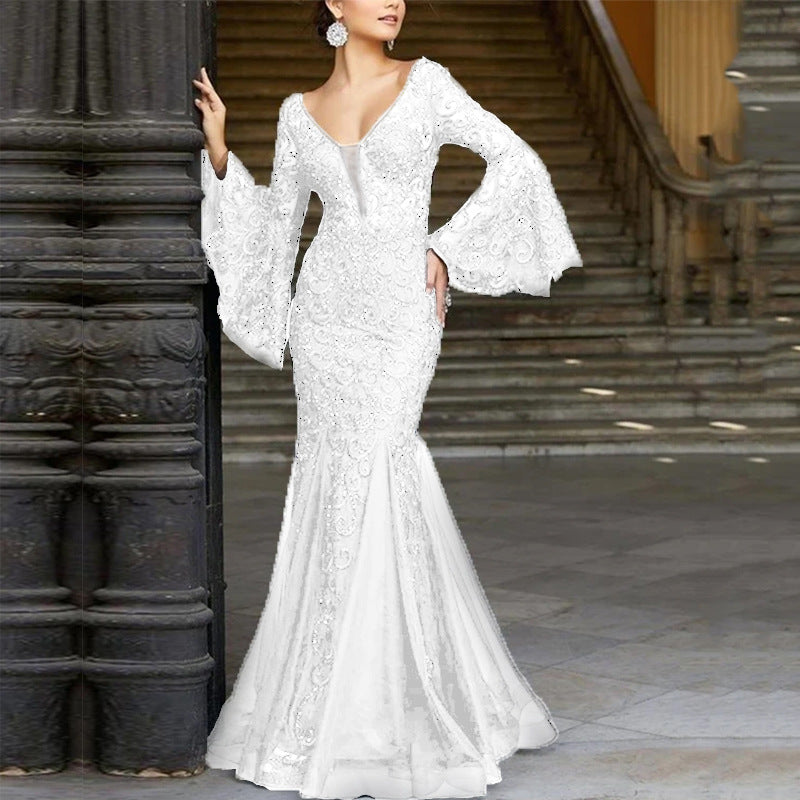 Spring and Summer Evening Gown - Elegant, Sexy, Form-fitting Fish-Tail Long Evening Dress with Long Skirt