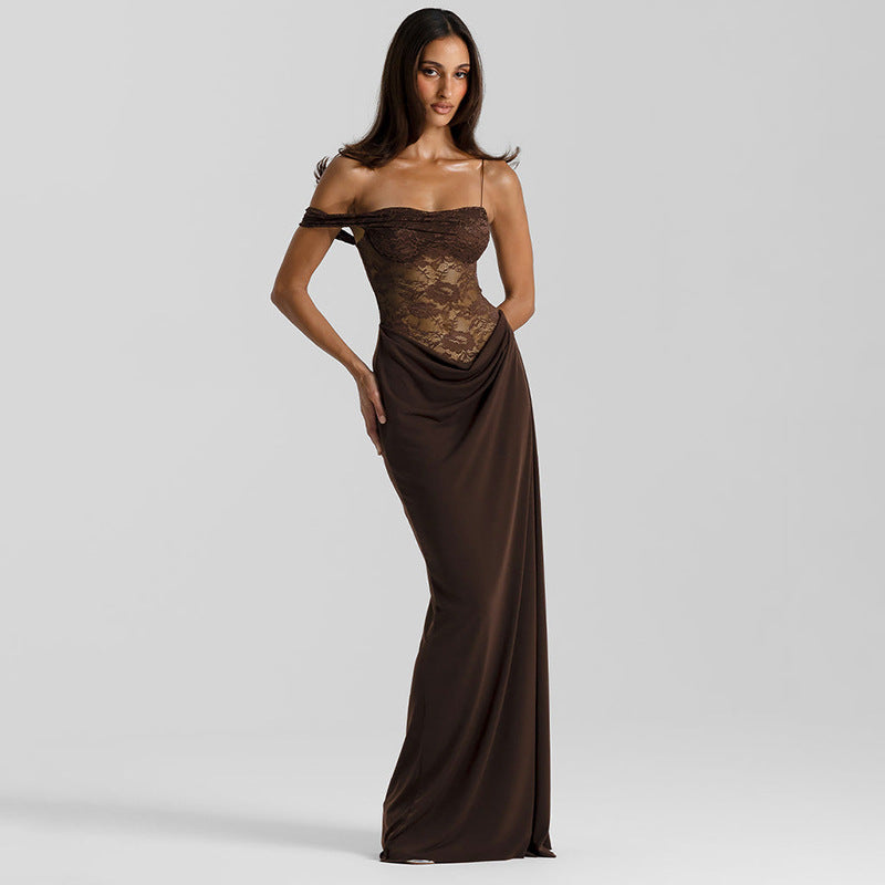 Women's summer and autumn plain-color halter-neck lace tight-fitting plaid dress