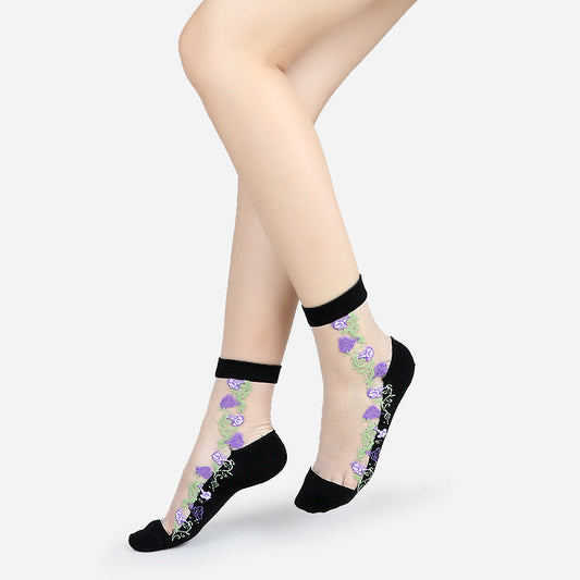 Fashion floral pattern series crystal silk stockings mid-calf women's stockings transparent glass silk with cotton bottom manufacturer