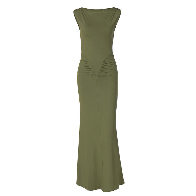 Women's Spring Fashion Style Slim-Fitting Ruffled Solid-color Short-Sleeve Dress