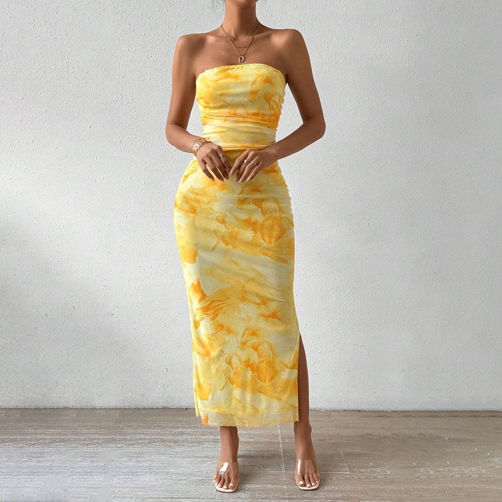 Women's TK net mesh printed dress - Spring/Summer new style, high waist, fitted, slit at the hem, racerback, full skirt