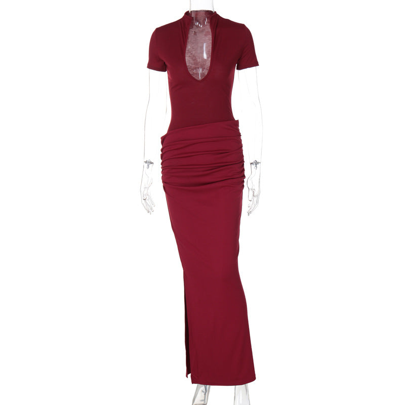 Women's sexy deep-V short-sleeved solid-color flapper-style pleated long dress