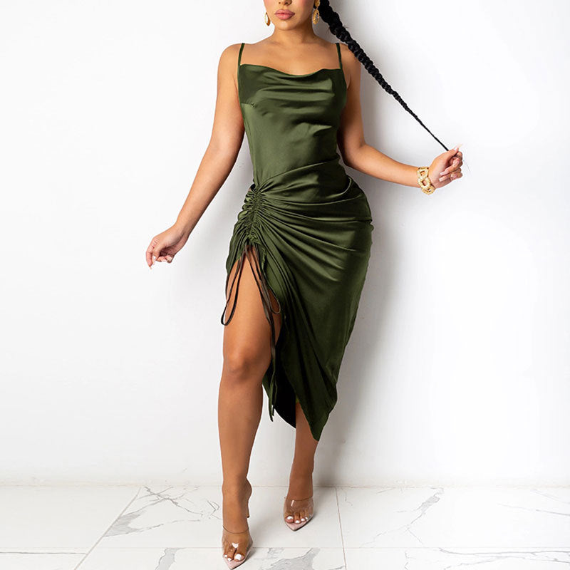 Women's summer dress - sexy backless lace-up pleated slit ruched halter dress