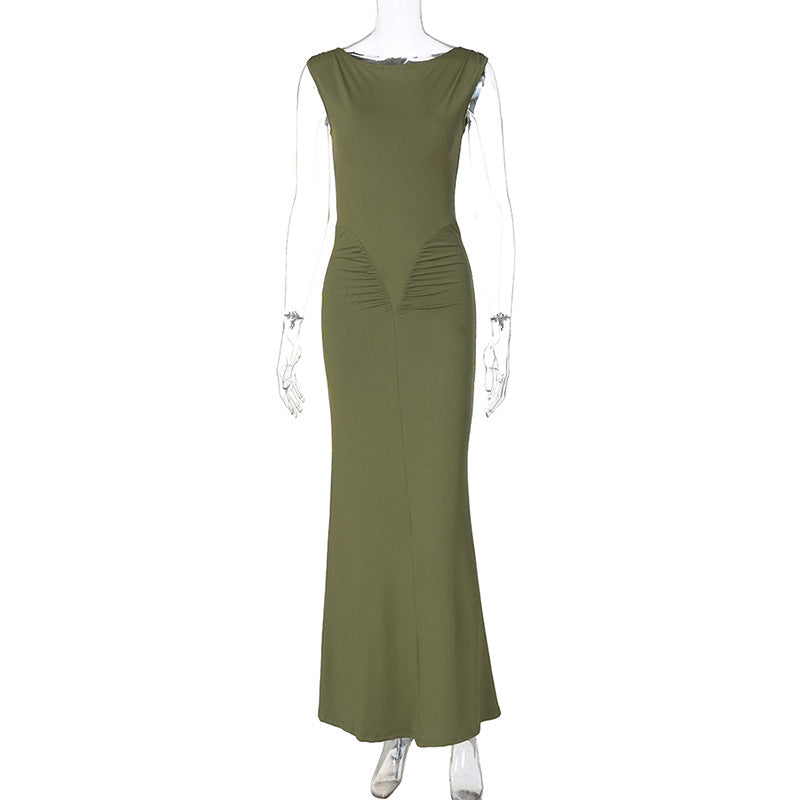 Women's Spring Fashion Style Slim-Fitting Ruffled Solid-color Short-Sleeve Dress