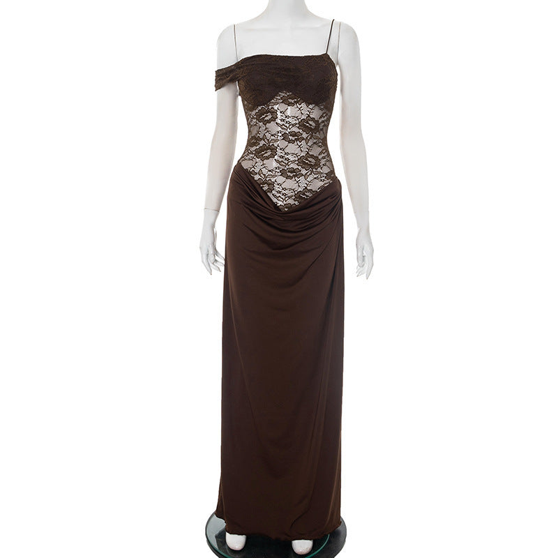 Women's summer and autumn plain-color halter-neck lace tight-fitting plaid dress
