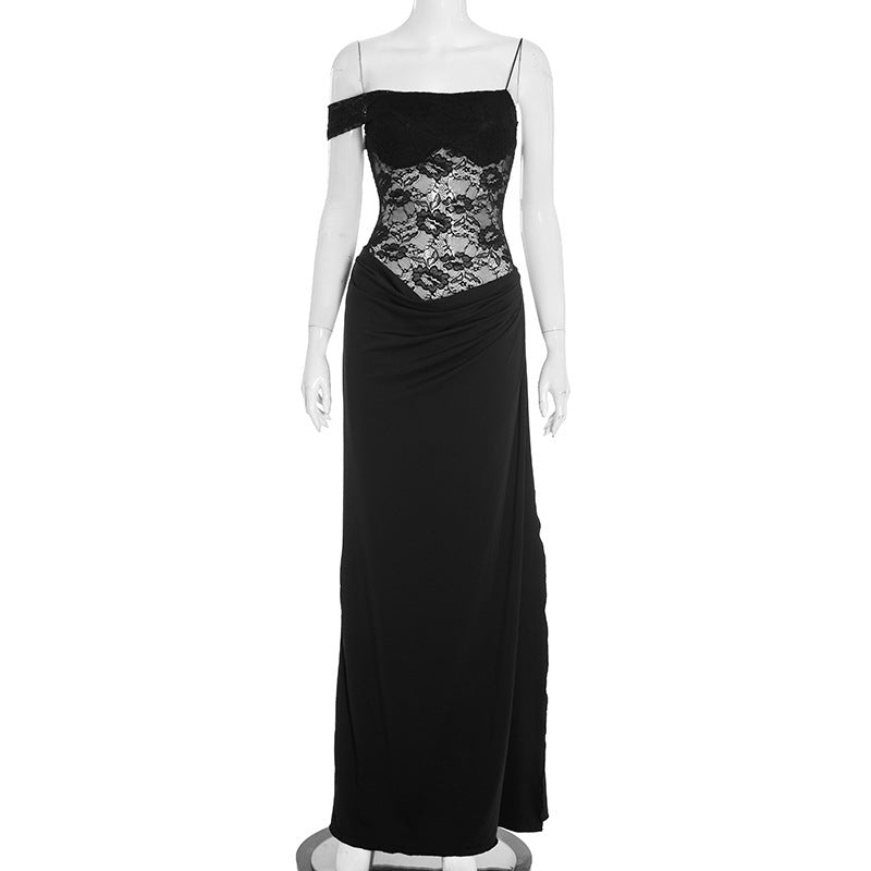 Women's summer and autumn plain-color halter-neck lace tight-fitting plaid dress