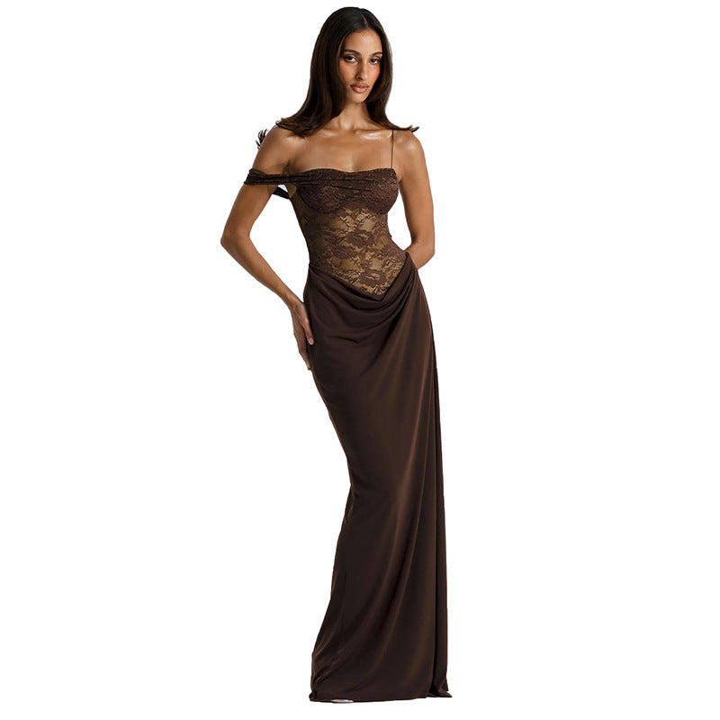 Women's summer and autumn plain-color halter-neck lace tight-fitting plaid dress