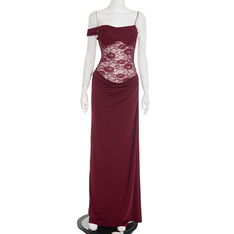 Women's summer and autumn plain-color halter-neck lace tight-fitting plaid dress