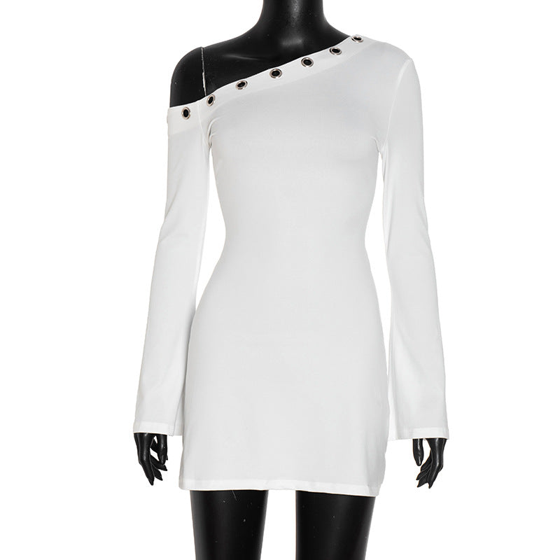 Women's Autumn/Winter Solid Color Slant Collar Openwork Circular Ring Ruffled Long-Sleeved Sleeveless Dress with Shoulder Exposure