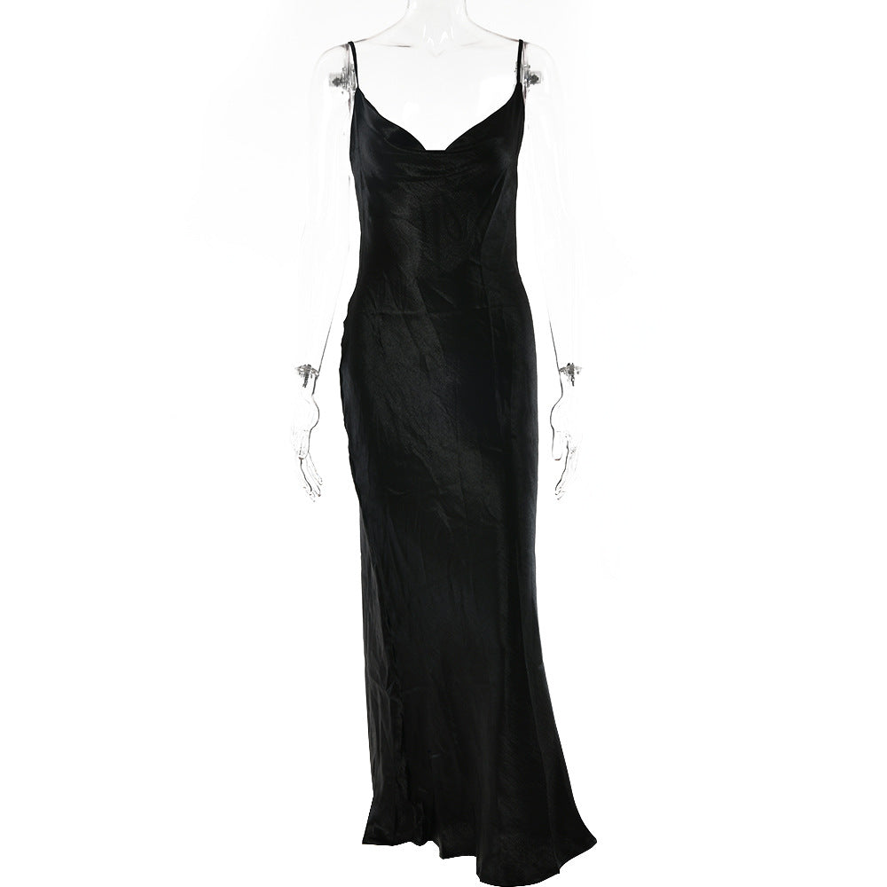 Elegant satin long dress, strapless backless sexy evening gown