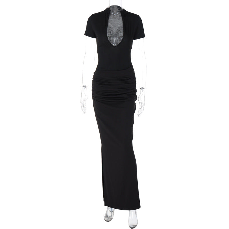 Women's sexy deep-V short-sleeved solid-color flapper-style pleated long dress