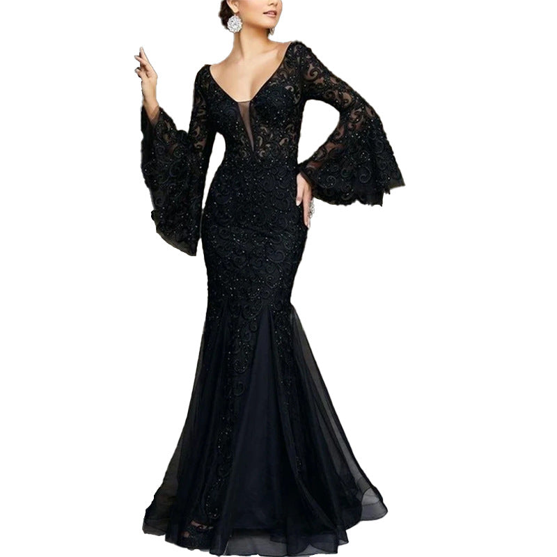 Spring and Summer Evening Gown - Elegant, Sexy, Form-fitting Fish-Tail Long Evening Dress with Long Skirt