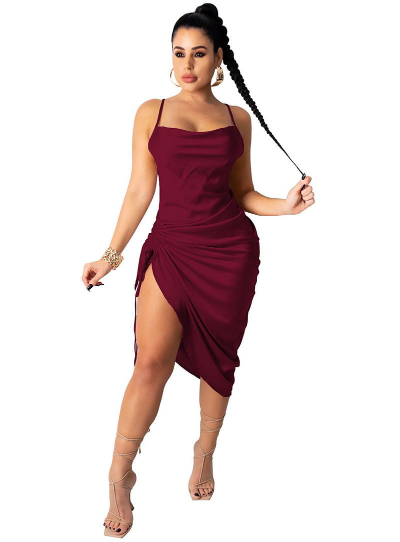 Women's summer dress - sexy backless lace-up pleated slit ruched halter dress