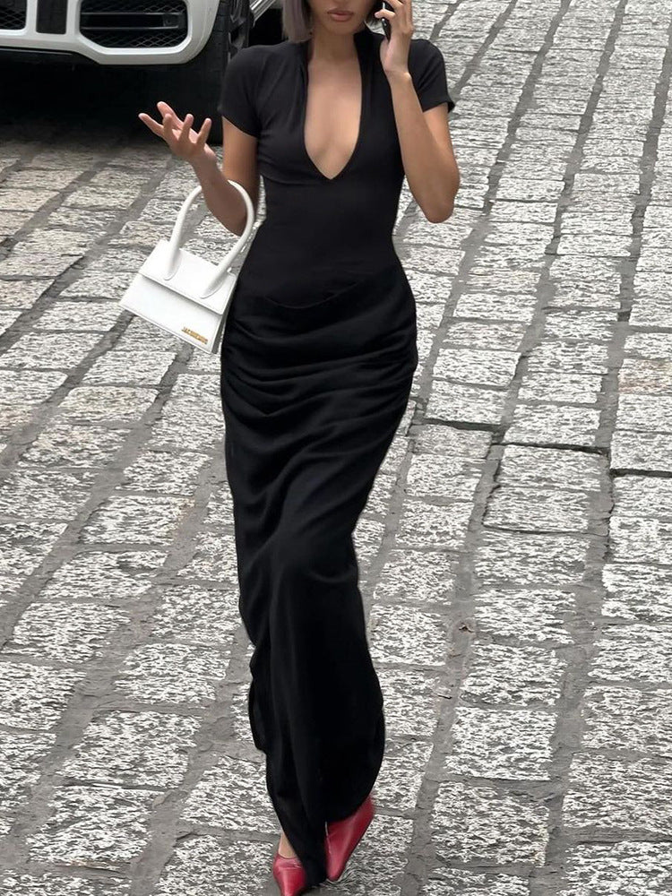 Women's sexy deep-V short-sleeved solid-color flapper-style pleated long dress