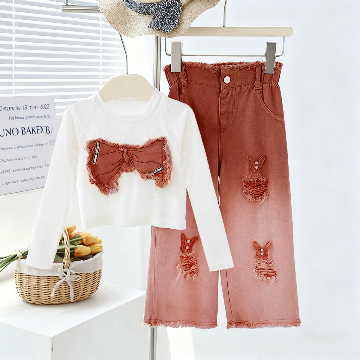Girls' Summer Set - Two-Piece Set of Sleeveless Hole-Punched Denim Pants for Ages 4-12 - Summer Dress for Girls