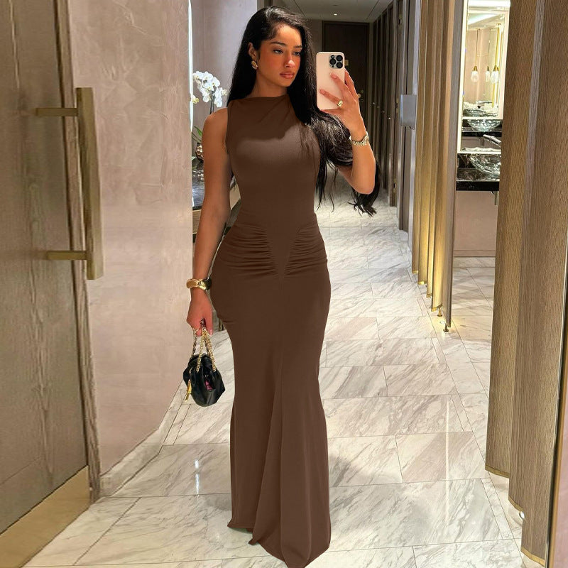Women's Spring Fashion Style Slim-Fitting Ruffled Solid-color Short-Sleeve Dress