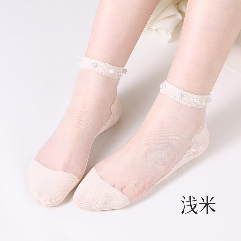 Pearl stockings - children's short socks. Light-mouthed lace summer lightweight netting transparent glass thread crystal socks.