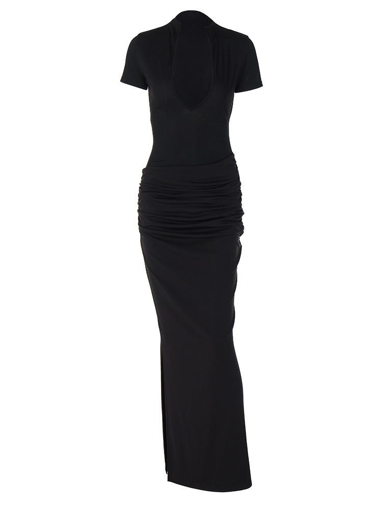 Women's sexy deep-V short-sleeved solid-color flapper-style pleated long dress