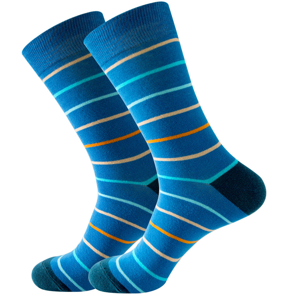 The same style striped men's and women's socks, trendy and colorful, for street wear, featuring a bold and unique design in mid-calf length.