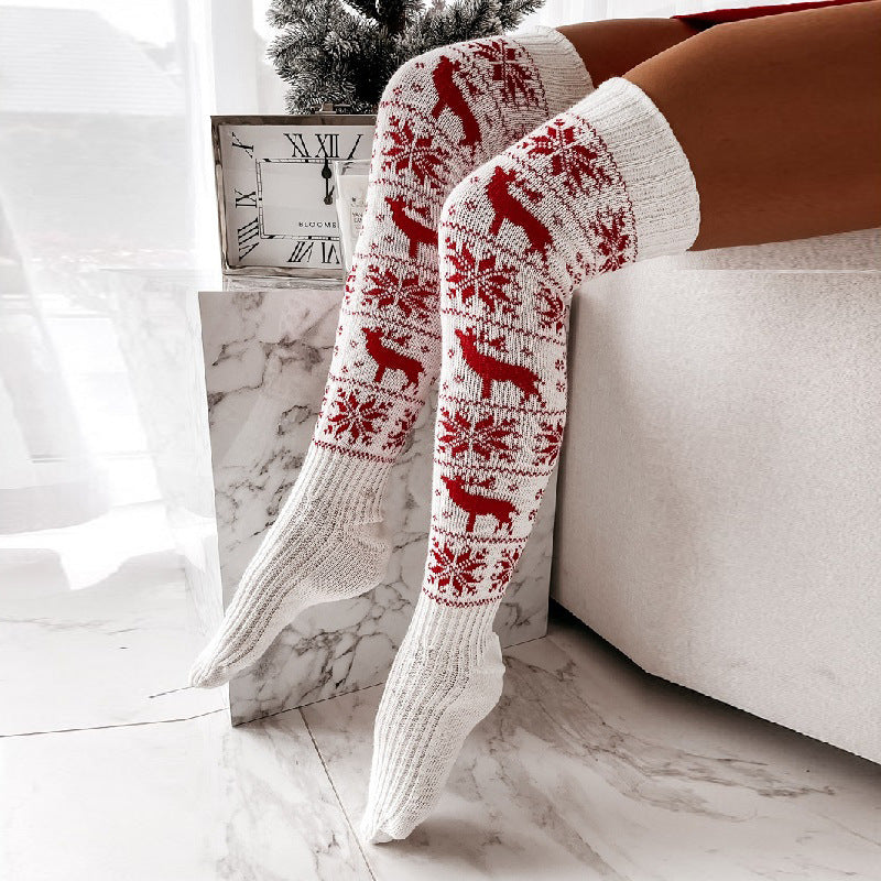 Winter and Christmas snowflake moose long tube knitted knee-high fluffy socks for women