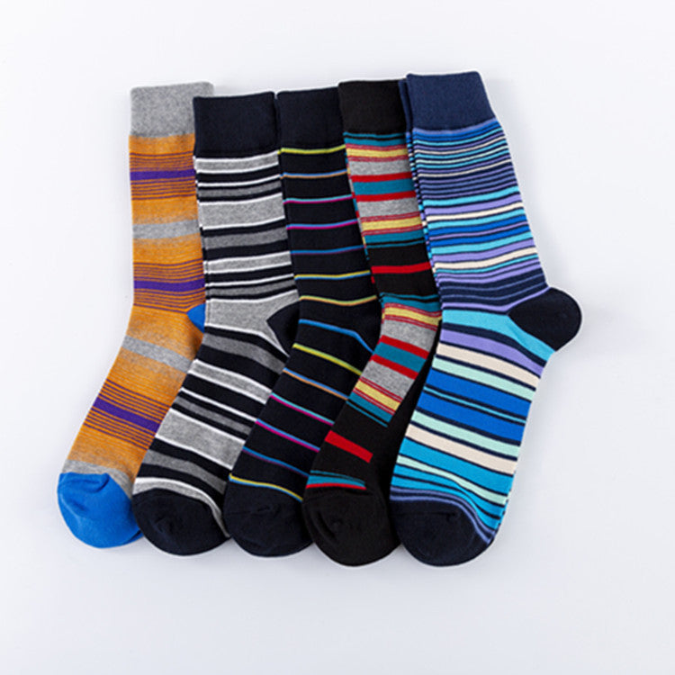 Happy Stripes Socks - Comfortable Cotton Socks for Casual Wear - Trendy Mid-Calf Socks for the European Street Style