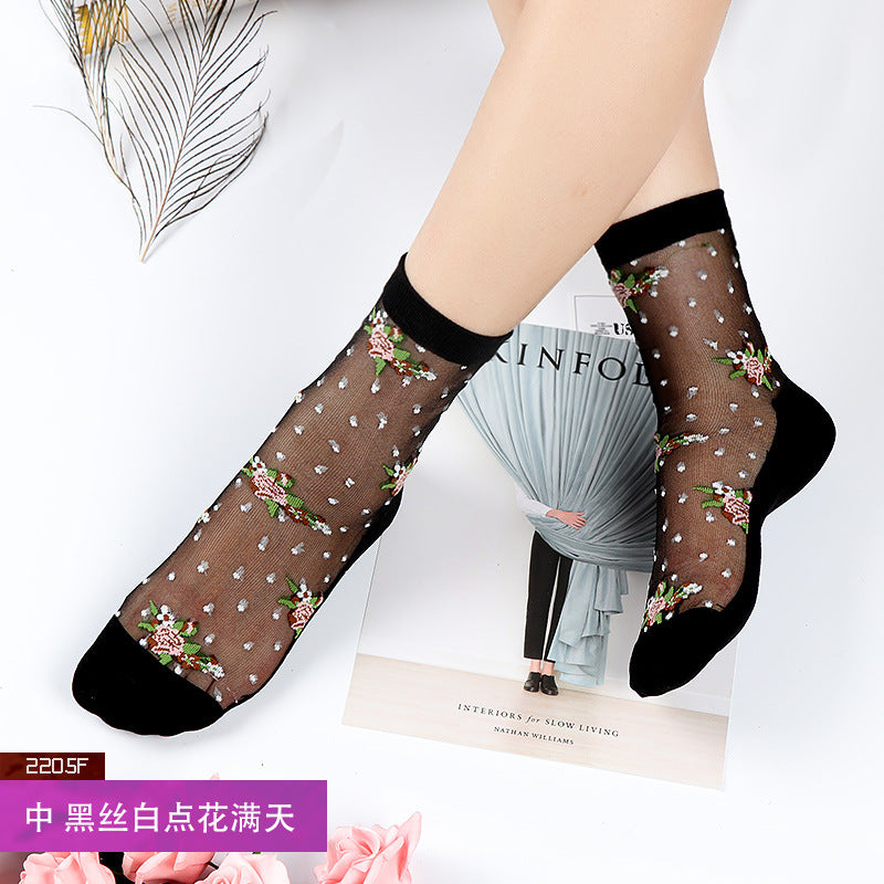 Fashion floral pattern series crystal silk stockings mid-calf women's stockings transparent glass silk with cotton bottom manufacturer