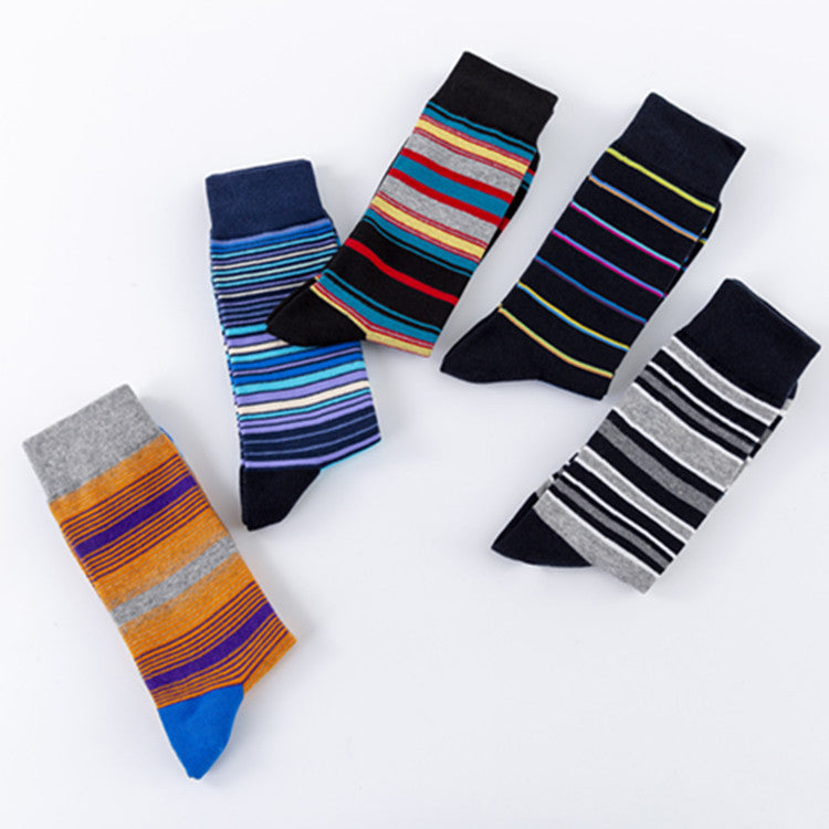Happy Stripes Socks - Comfortable Cotton Socks for Casual Wear - Trendy Mid-Calf Socks for the European Street Style