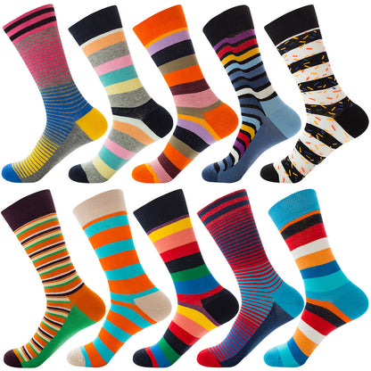 The same style striped men's and women's socks, trendy and colorful, for street wear, featuring a bold and unique design in mid-calf length.