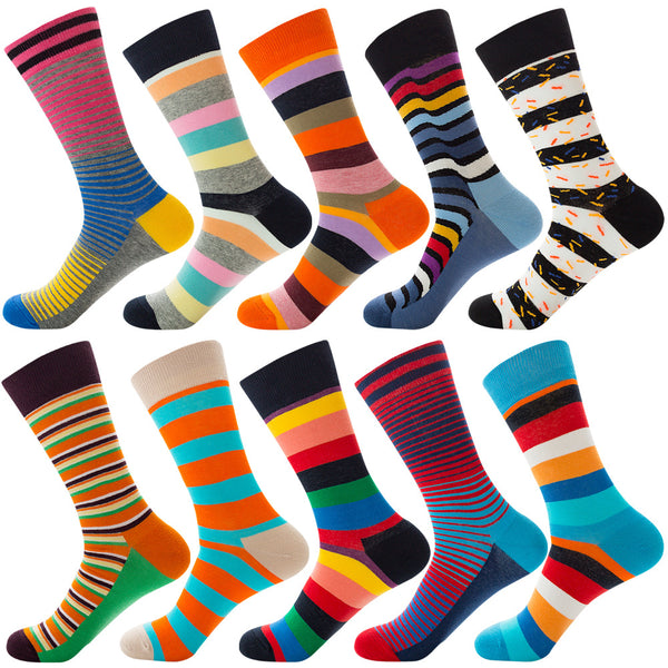 The same style striped men's and women's socks, trendy and colorful, for street wear, featuring a bold and unique design in mid-calf length.