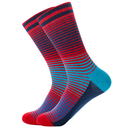 The same style striped men's and women's socks, trendy and colorful, for street wear, featuring a bold and unique design in mid-calf length.