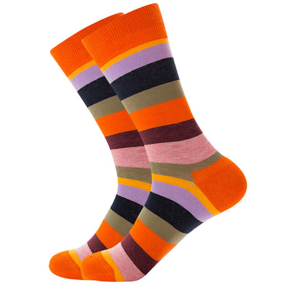 The same style striped men's and women's socks, trendy and colorful, for street wear, featuring a bold and unique design in mid-calf length.