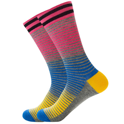 The same style striped men's and women's socks, trendy and colorful, for street wear, featuring a bold and unique design in mid-calf length.