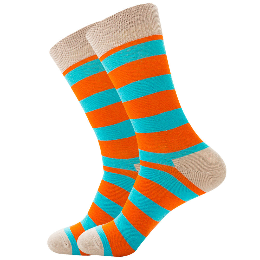 The same style striped men's and women's socks, trendy and colorful, for street wear, featuring a bold and unique design in mid-calf length.