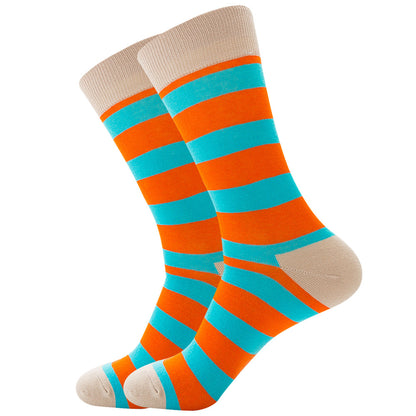 The same style striped men's and women's socks, trendy and colorful, for street wear, featuring a bold and unique design in mid-calf length.