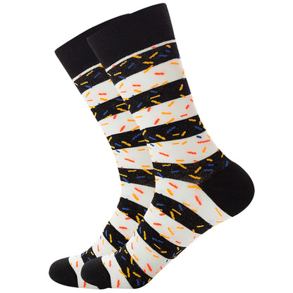The same style striped men's and women's socks, trendy and colorful, for street wear, featuring a bold and unique design in mid-calf length.