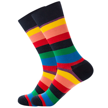 The same style striped men's and women's socks, trendy and colorful, for street wear, featuring a bold and unique design in mid-calf length.