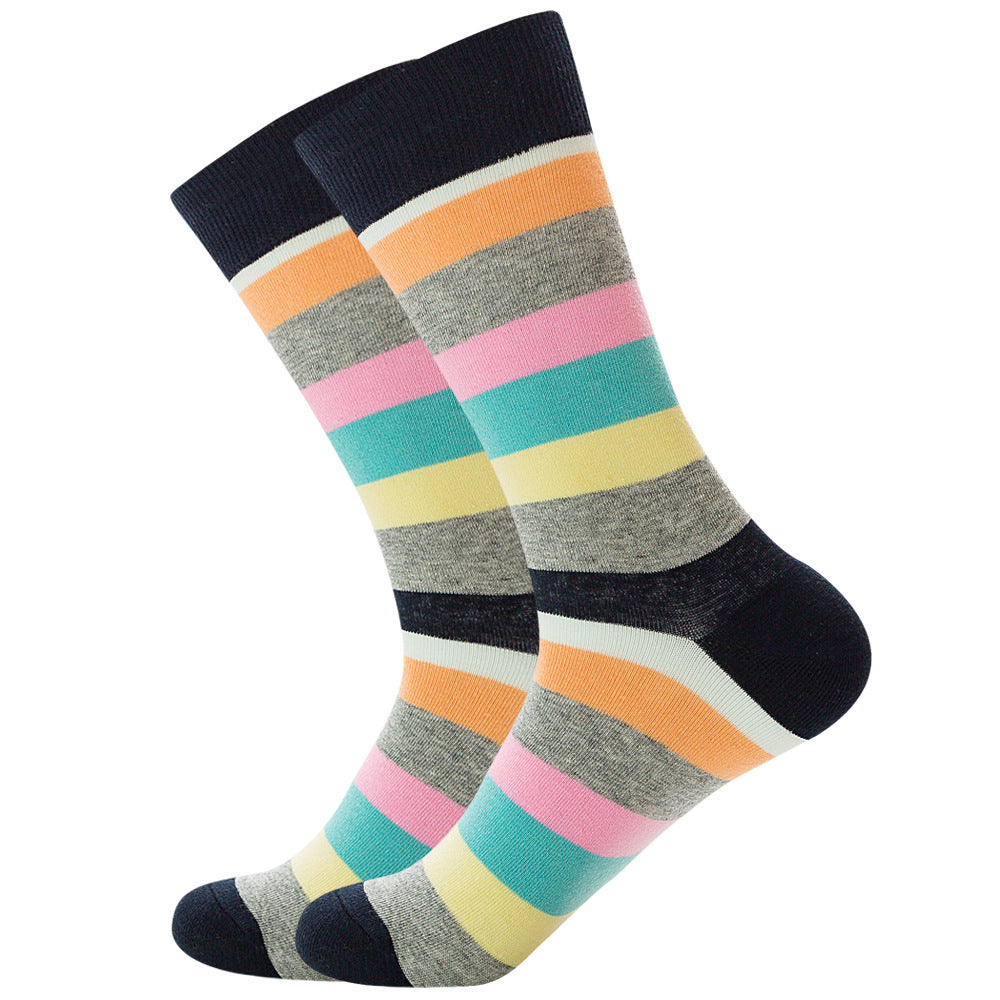 The same style striped men's and women's socks, trendy and colorful, for street wear, featuring a bold and unique design in mid-calf length.