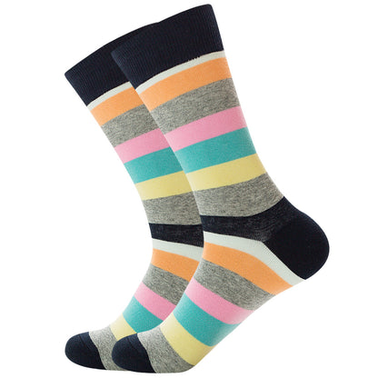 The same style striped men's and women's socks, trendy and colorful, for street wear, featuring a bold and unique design in mid-calf length.
