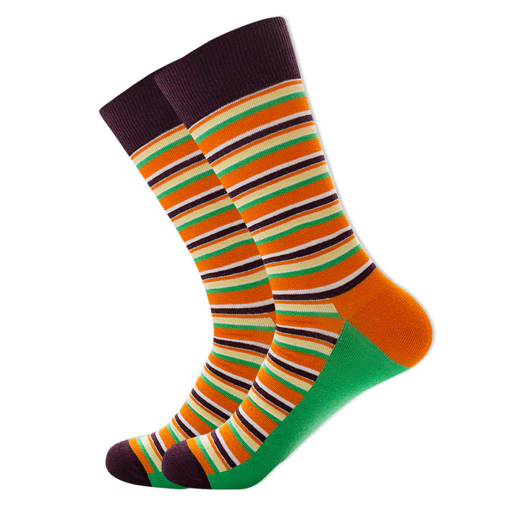 The same style striped men's and women's socks, trendy and colorful, for street wear, featuring a bold and unique design in mid-calf length.
