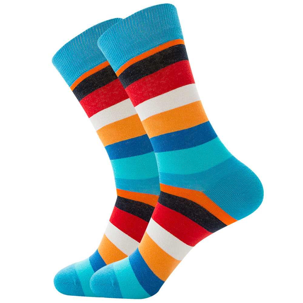 The same style striped men's and women's socks, trendy and colorful, for street wear, featuring a bold and unique design in mid-calf length.