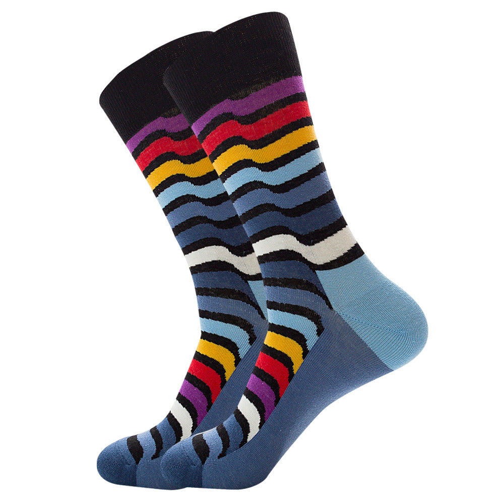 The same style striped men's and women's socks, trendy and colorful, for street wear, featuring a bold and unique design in mid-calf length.