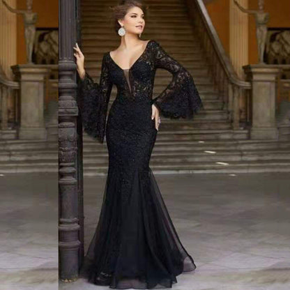 Spring and Summer Evening Gown - Elegant, Sexy, Form-fitting Fish-Tail Long Evening Dress with Long Skirt