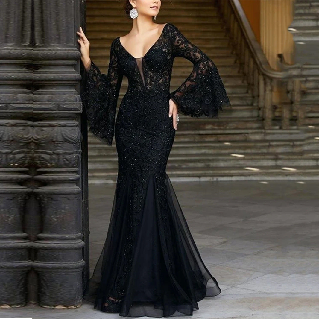Spring and Summer Evening Gown - Elegant, Sexy, Form-fitting Fish-Tail Long Evening Dress with Long Skirt