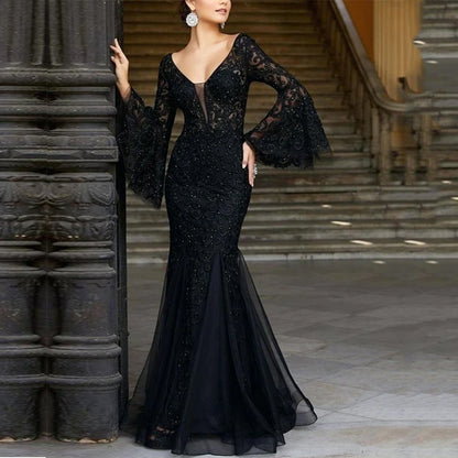 Spring and Summer Evening Gown - Elegant, Sexy, Form-fitting Fish-Tail Long Evening Dress with Long Skirt