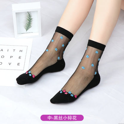 Fashion floral pattern series crystal silk stockings mid-calf women's stockings transparent glass silk with cotton bottom manufacturer